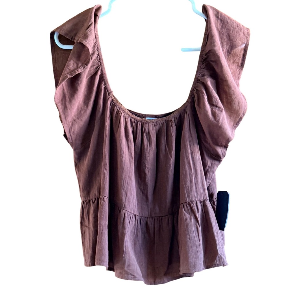 NEW Melrose and Market Babydoll Top Medium Brown NWT Ruffle‎ Sleeve Cotton Gauze - Picture 2 of 7
